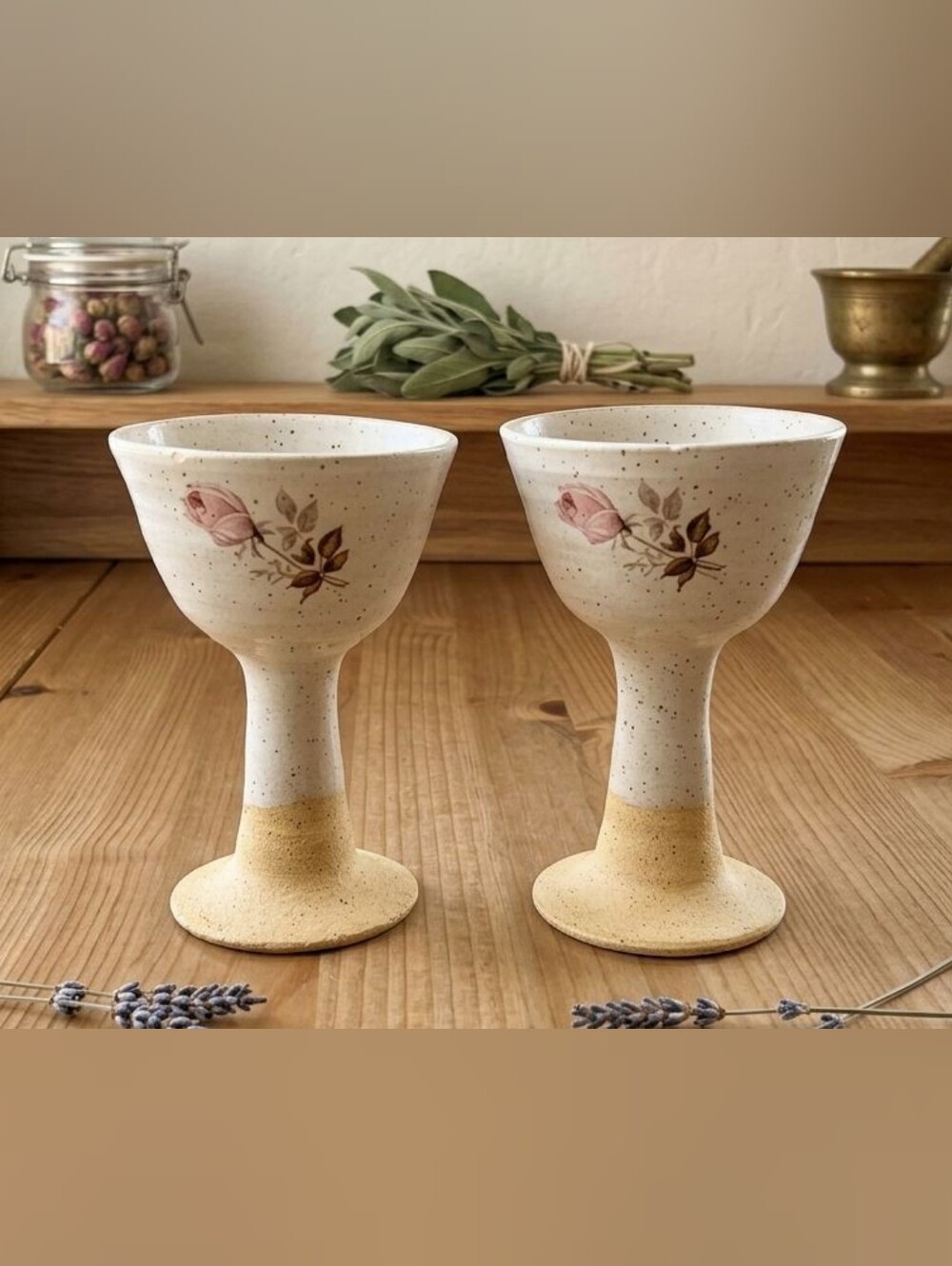 Speckled Ceramic Goblet with Pink Rose Motif - Set of 2